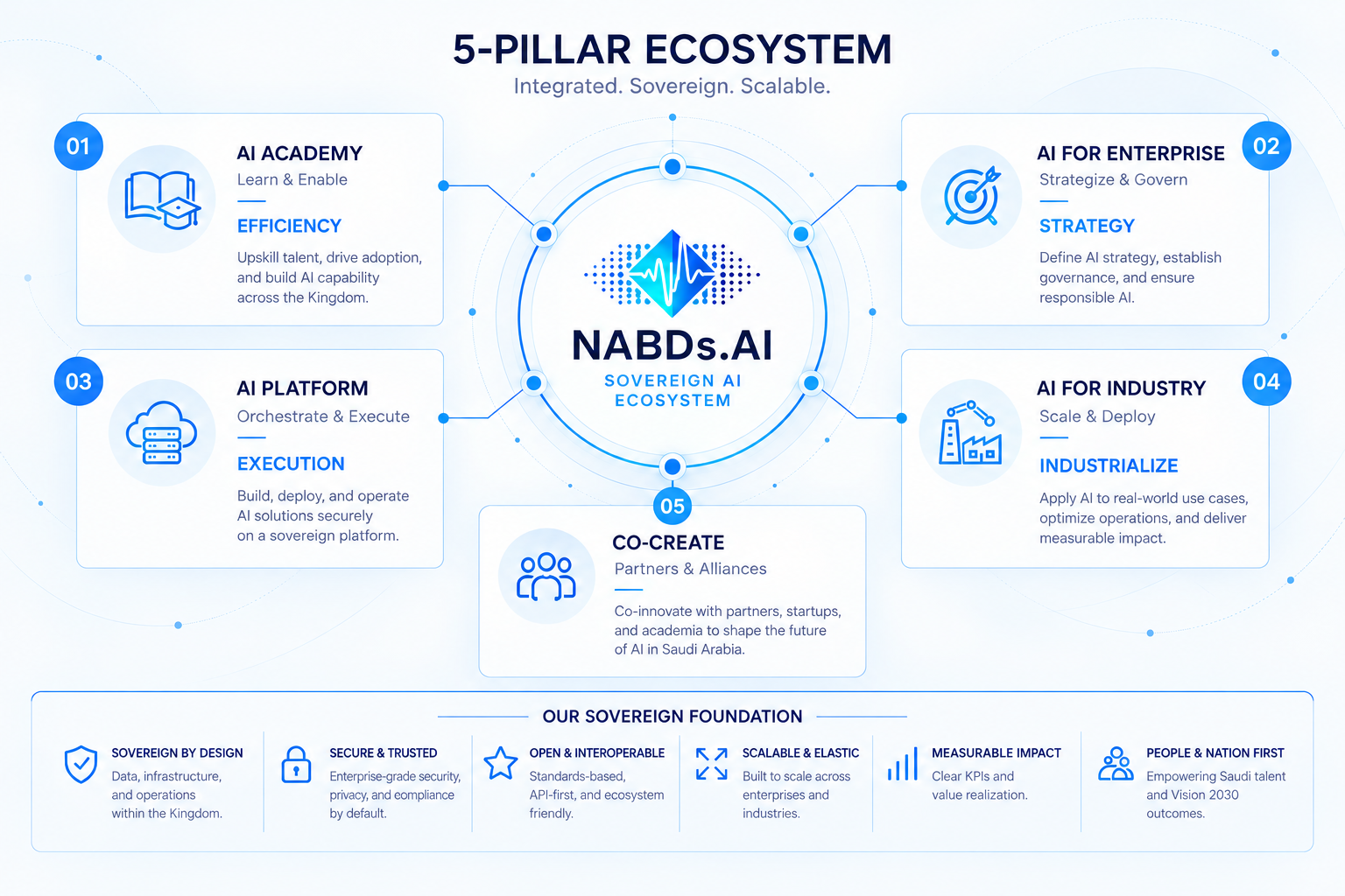 Five complementary NABD pillars: Enterprise, Academy, Platform, Industry, and Co-Create